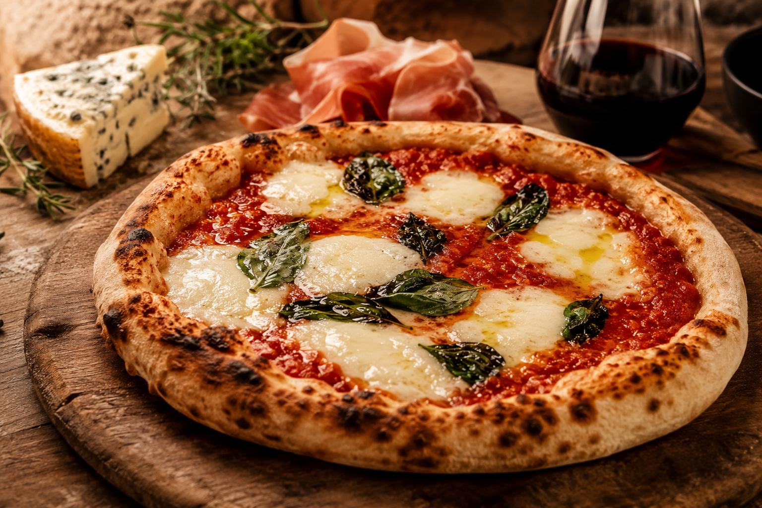 Pizzas napolitaines servies sur une table en bois dans une pizzeria à [[City_name]] dans l'Ain, ambiance chaleureuse au four à bois