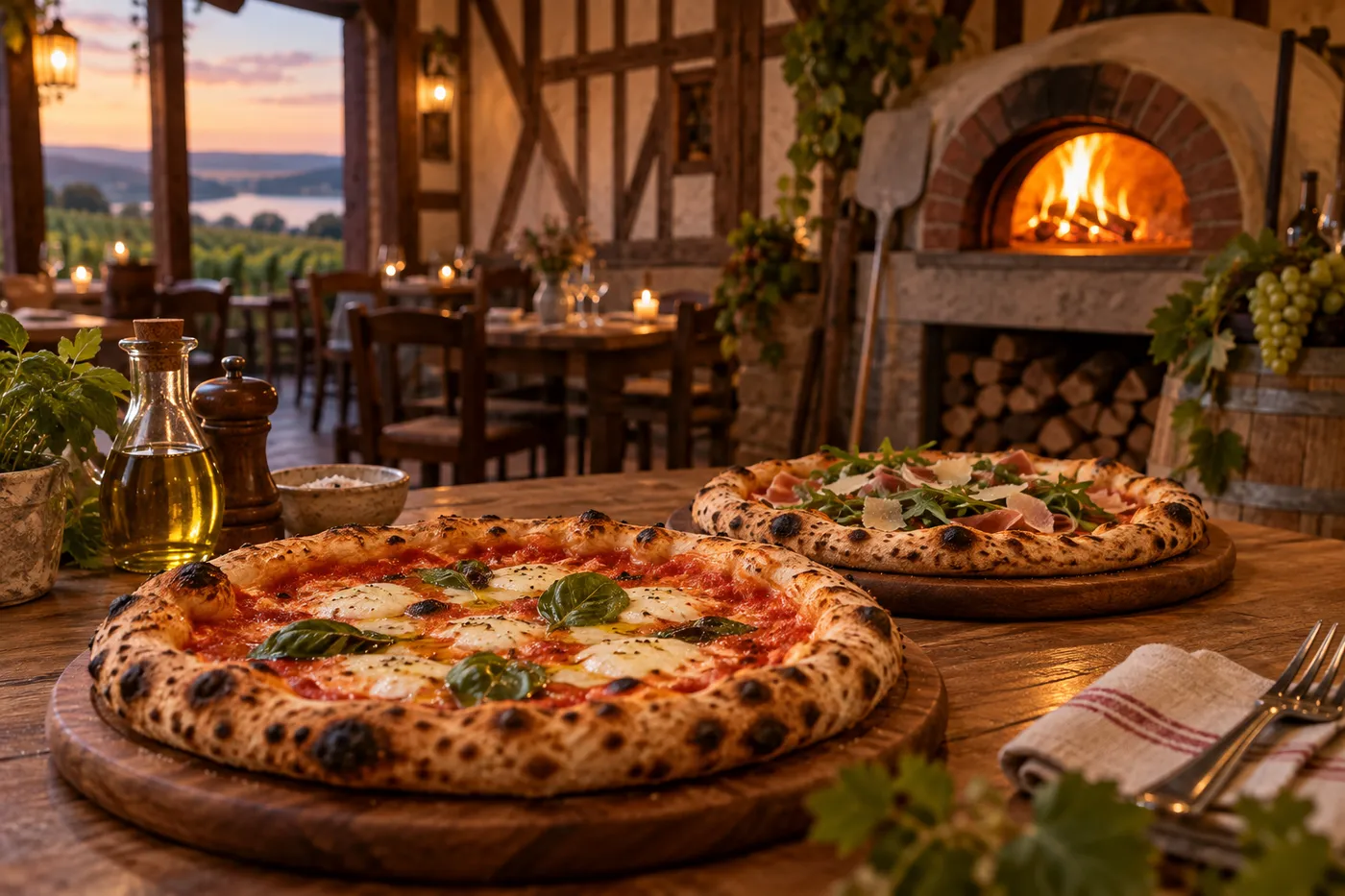 Pizzas napolitaines servies sur une table en bois dans une pizzeria à Verrières dans l'Aube, ambiance chaleureuse au four à bois
