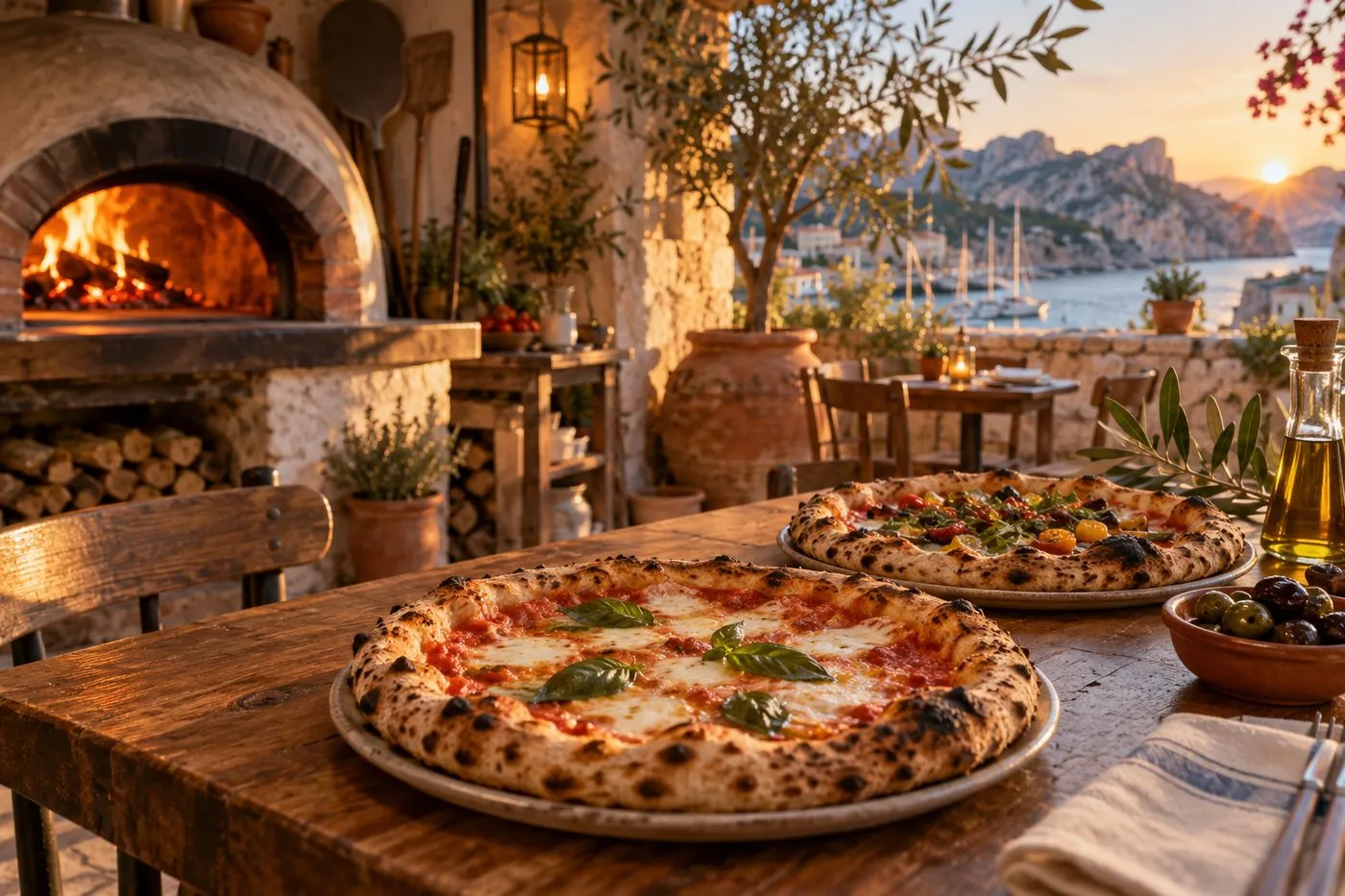 Pizzas napolitaines servies sur une table en bois dans une pizzeria dans les Bouches-du-Rhône, ambiance chaleureuse au four à bois