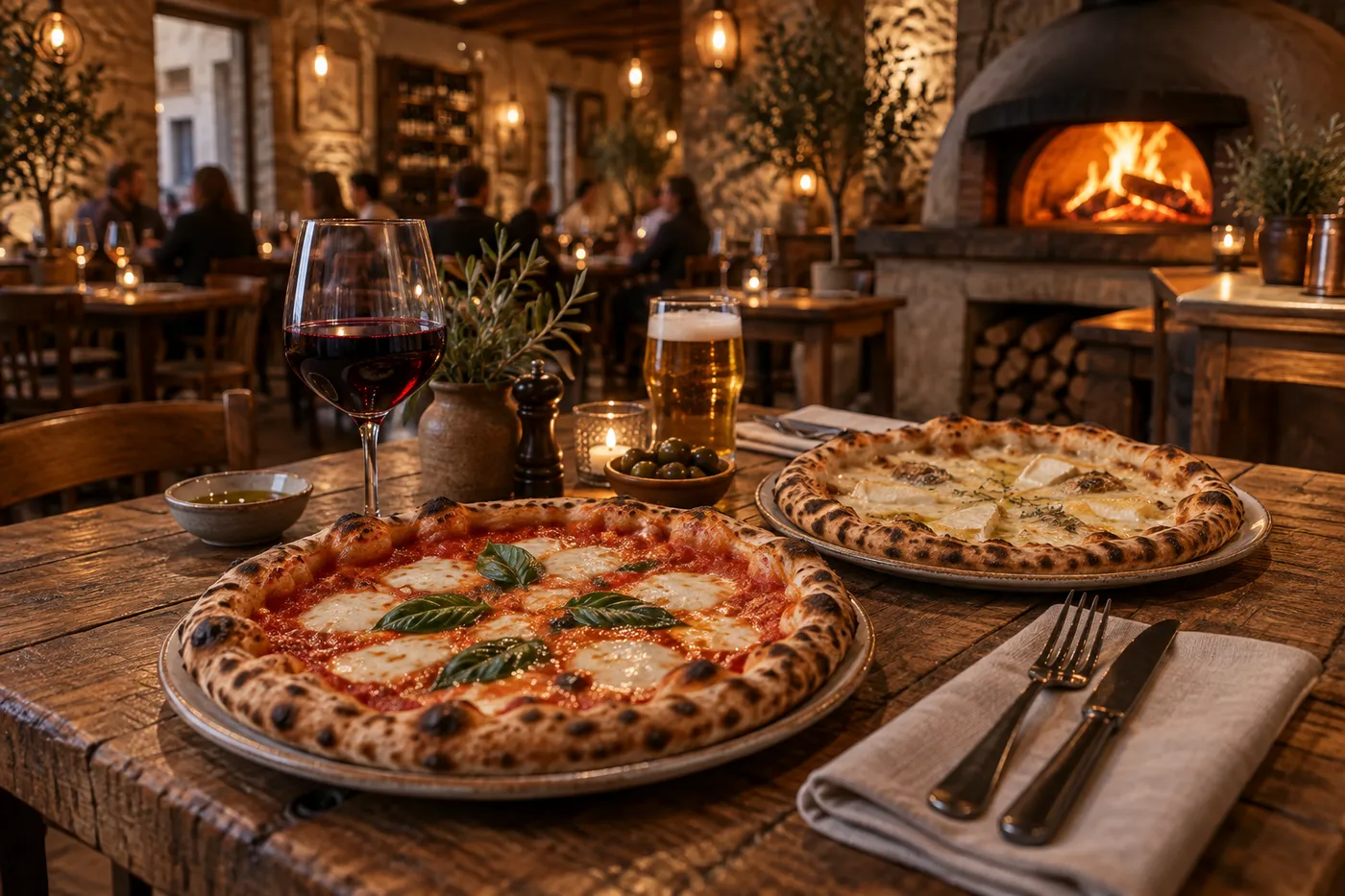 Pizzas napolitaines servies sur une table en bois dans une pizzeria à Cléry en Côte-d'Or, ambiance chaleureuse au four à bois