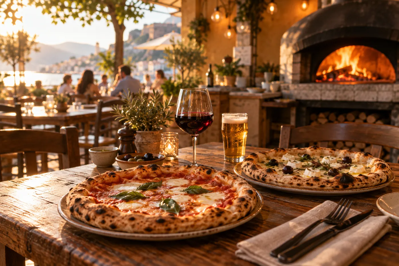 Pizzas napolitaines servies sur une table en bois dans une pizzeria de la Drôme, ambiance chaleureuse au four à bois