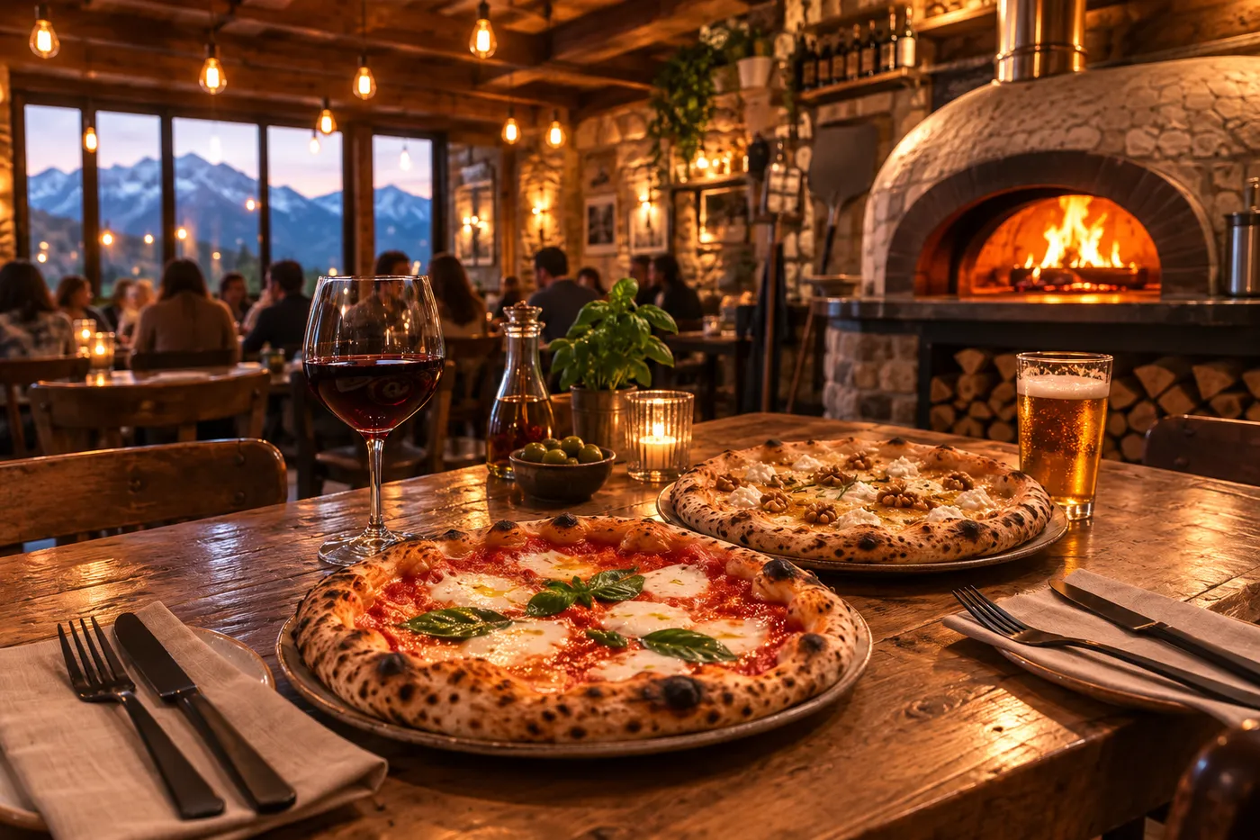 Pizzas napolitaines servies sur une table en bois dans une pizzeria à Saint-Romain-de-Jalionas dans l'Isère, ambiance chaleureuse au four à bois