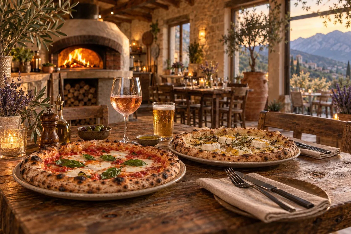 Pizzas napolitaines servies sur une table en bois dans une pizzeria des Alpes-de-Haute-Provence, ambiance provençale au four à bois