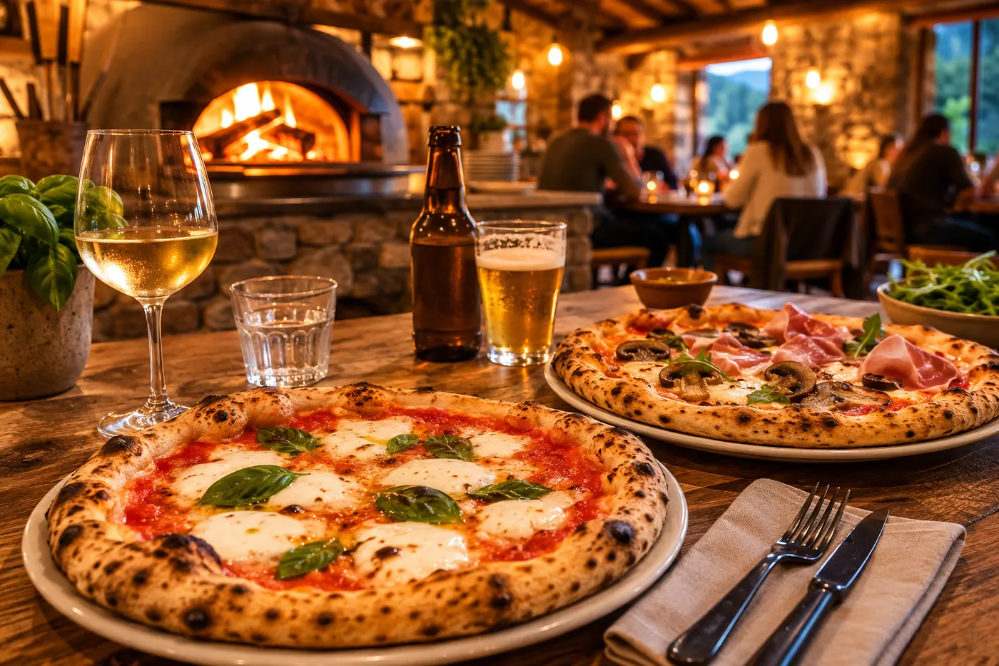 Pizzas napolitaines servies sur une table en bois dans une pizzeria du Jura, ambiance chaleureuse au four à bois