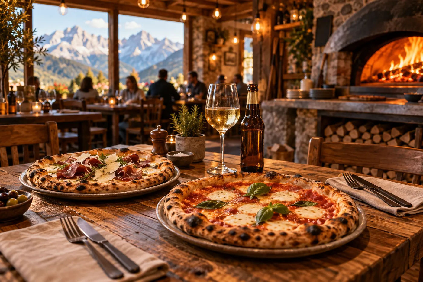 Pizzas napolitaines servies sur une table en bois dans une pizzeria à Gap dans les Hautes-Alpes, ambiance chaleureuse au four à bois