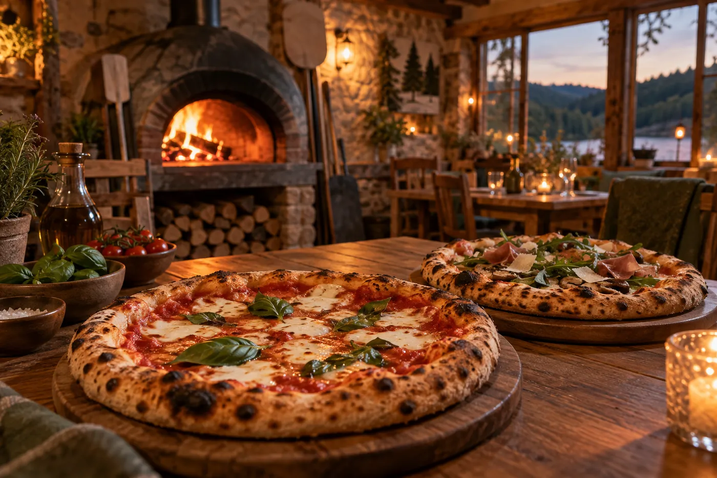 Pizzas napolitaines servies sur une table en bois dans une pizzeria à [[City_name]] dans la Haute-Marne, ambiance chaleureuse au four à bois