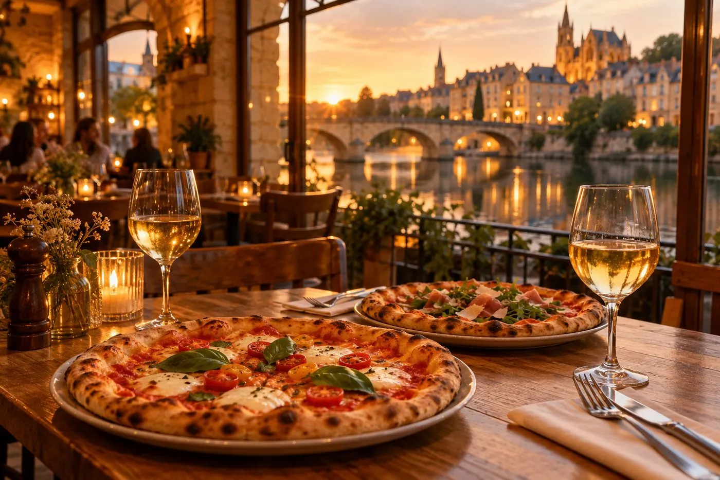 Pizzas servies sur une table en bois dans une pizzeria à Kerbach en Moselle, ambiance chaleureuse aux couleurs de la Lorraine