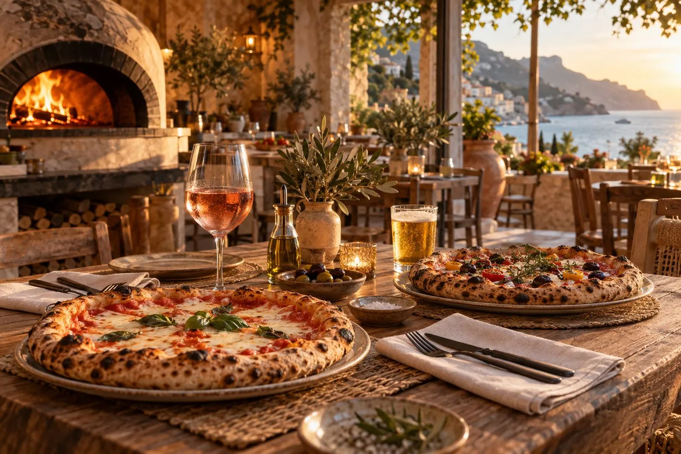 Pizzas napolitaines servies sur une table en bois dans une pizzeria à Antibes dans les Alpes-Maritimes, ambiance méditerranéenne au four à bois