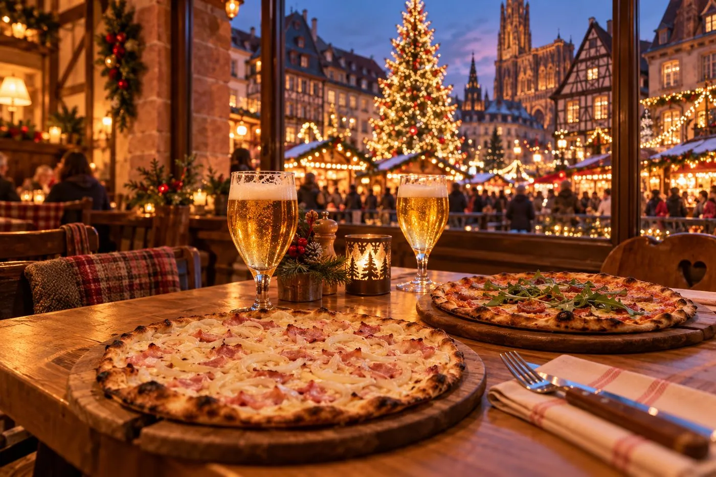 Pizzas servies sur une table en bois dans une pizzeria à Bischwiller dans le Bas-Rhin, ambiance chaleureuse aux couleurs de l'Alsace