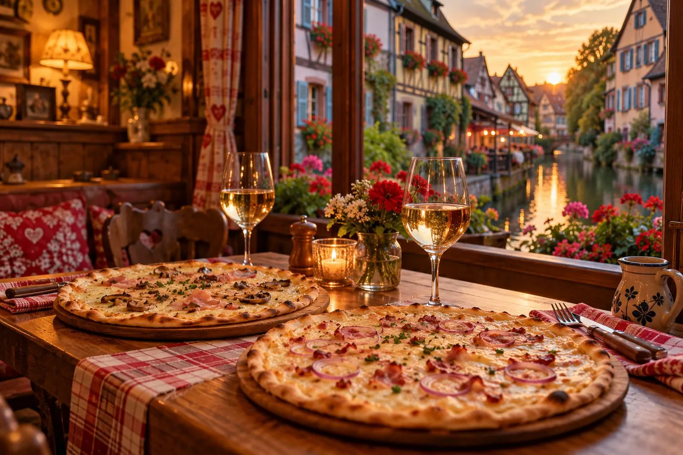 Pizzas servies sur une table en bois dans une pizzeria à Colmar dans le Haut-Rhin, ambiance chaleureuse au cœur de l'Alsace