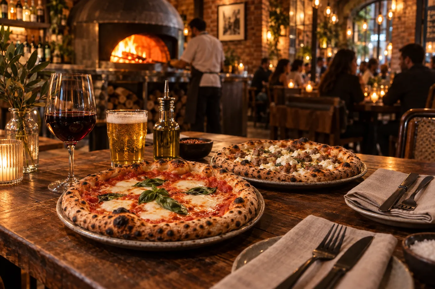 Pizzas napolitaines servies sur une table en bois dans une pizzeria à Saint-Clément-de-Vers dans le Rhône, ambiance chaleureuse au four à bois