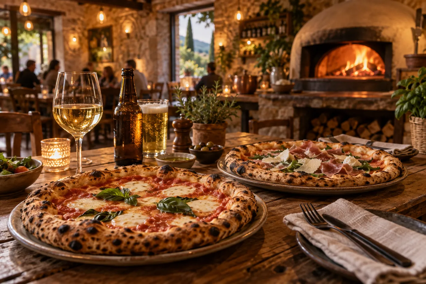 Pizzas napolitaines servies sur une table en bois dans une pizzeria à Échavanne en Haute-Saône, ambiance chaleureuse au four à bois