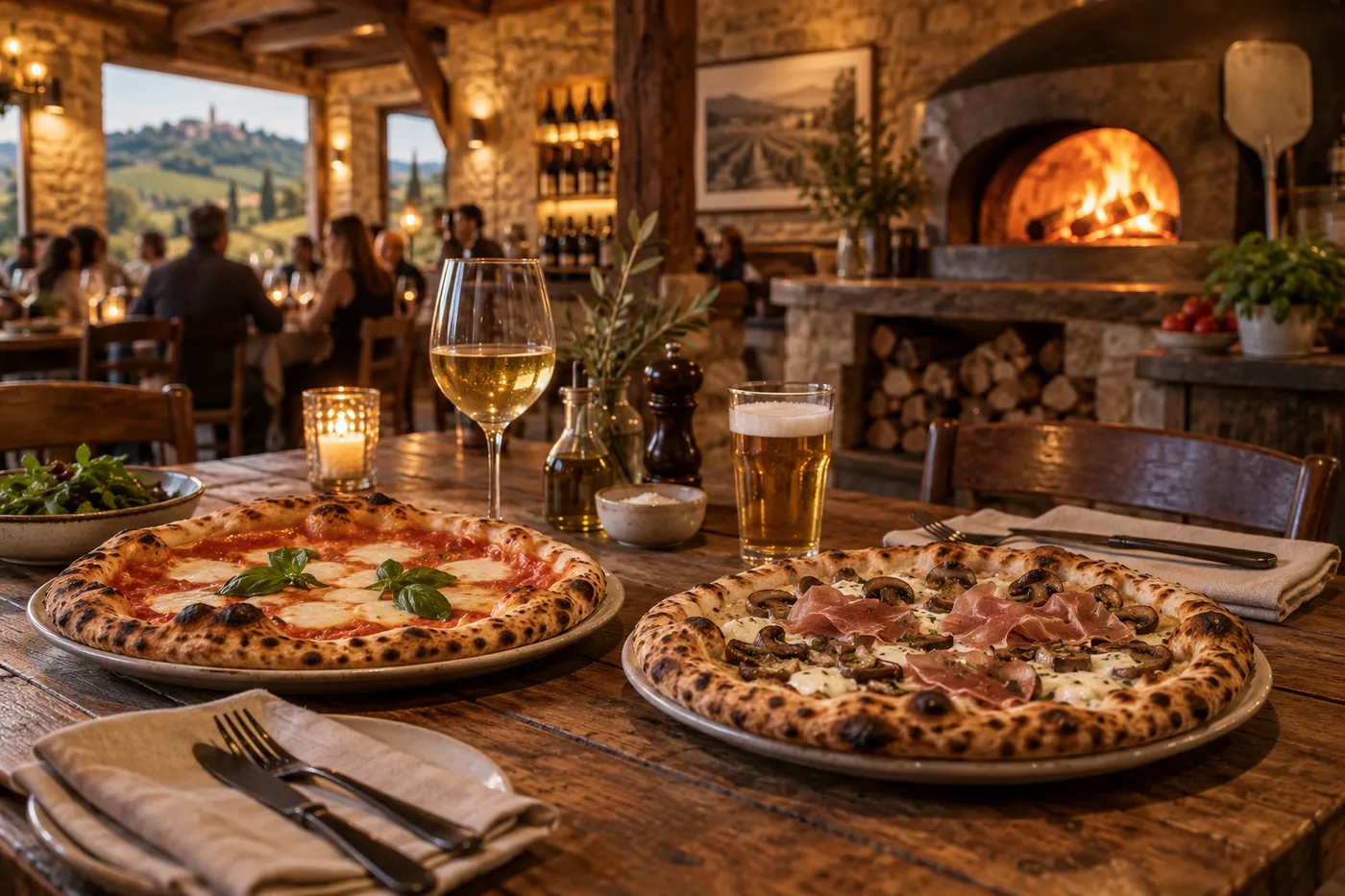 Pizzas napolitaines servies dans une pizzeria à Épertully, cadre chaleureux inspiré du terroir bourguignon