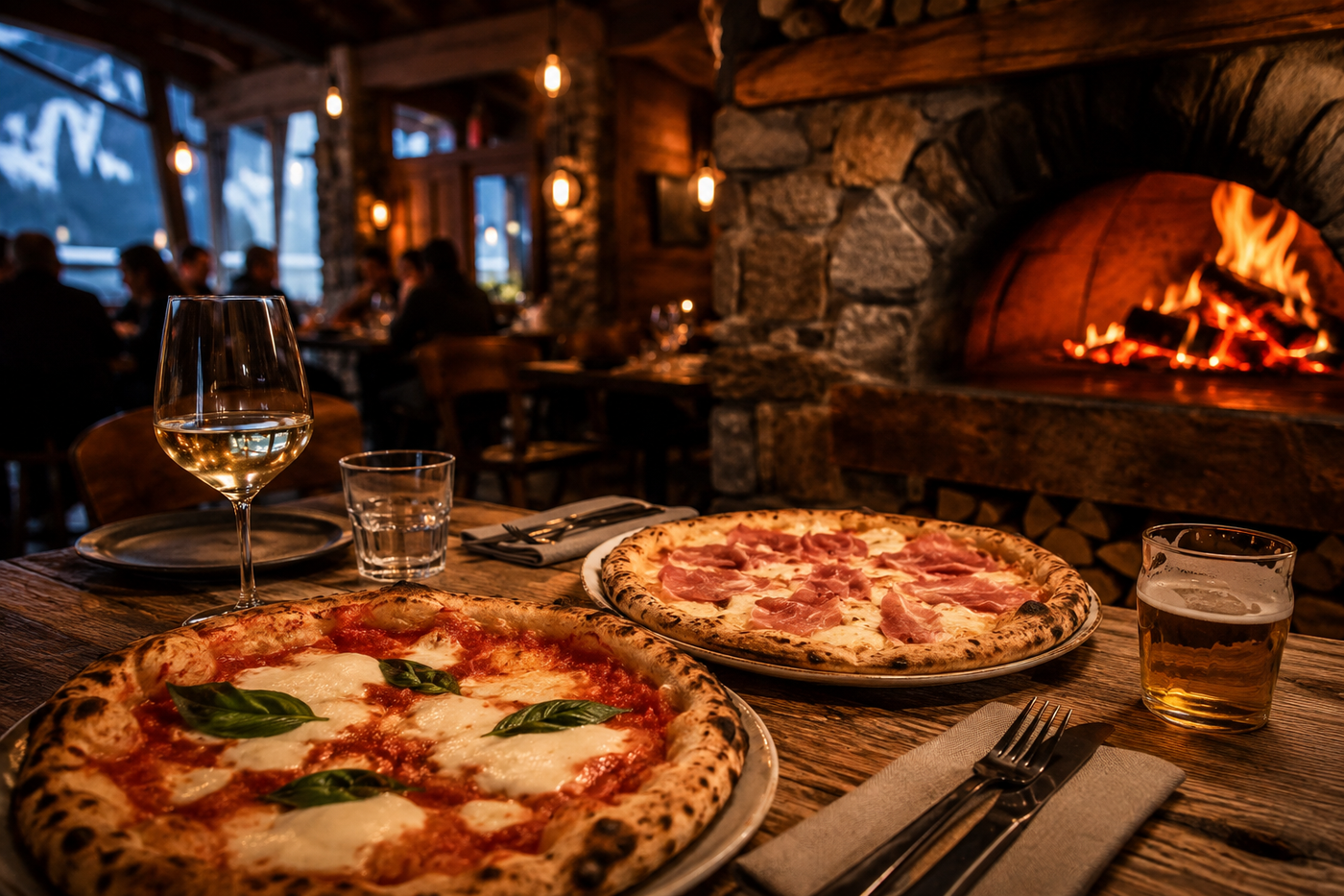 Pizzas napolitaines servies sur une table en bois dans une pizzeria de la Savoie, ambiance chaleureuse au four à bois