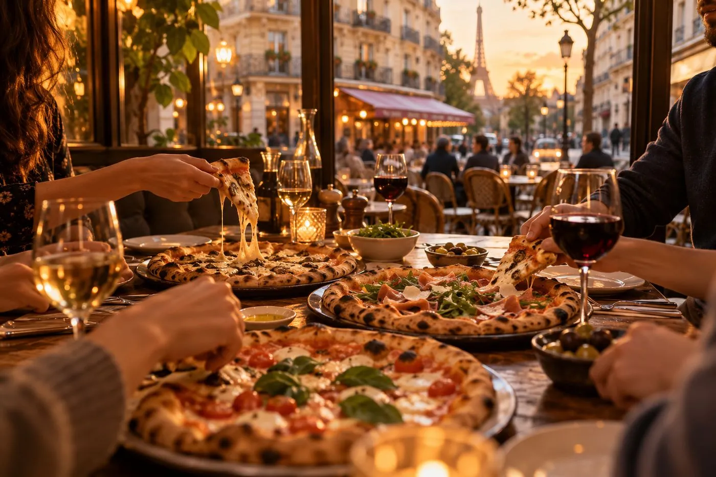Pizzas servies sur une table en bois dans une pizzeria à Paris, ambiance chaleureuse entre amis dans un décor de bistrot parisien