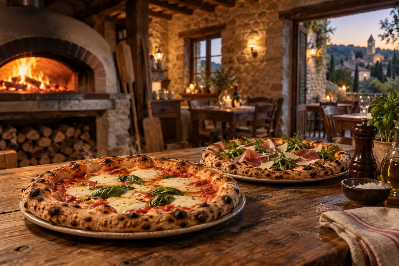 Pizzas napolitaines servies sur une table en bois dans une pizzeria en Seine-et-Marne, ambiance chaleureuse au four à bois