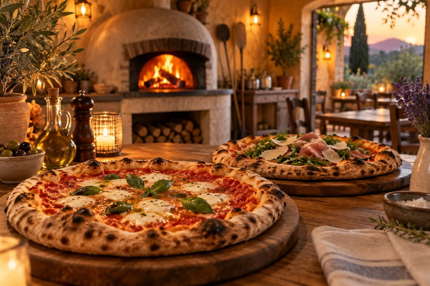 Pizzas napolitaines servies sur une table en bois dans une pizzeria dans le Var, ambiance chaleureuse au four à bois