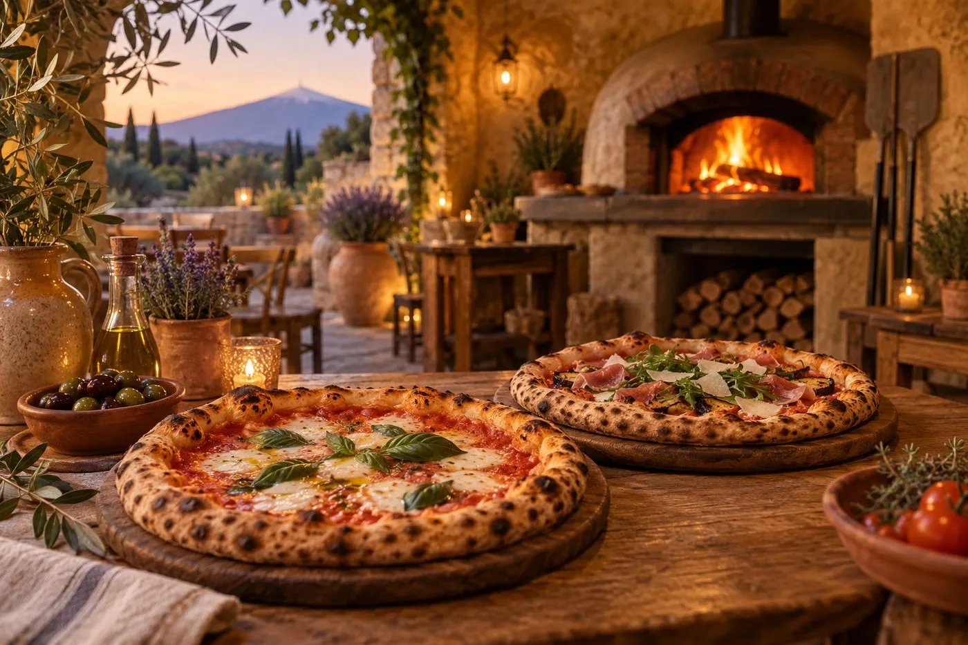 Pizzas napolitaines servies sur une table en bois dans une pizzeria à Caromb dans le Vaucluse, ambiance chaleureuse au four à bois