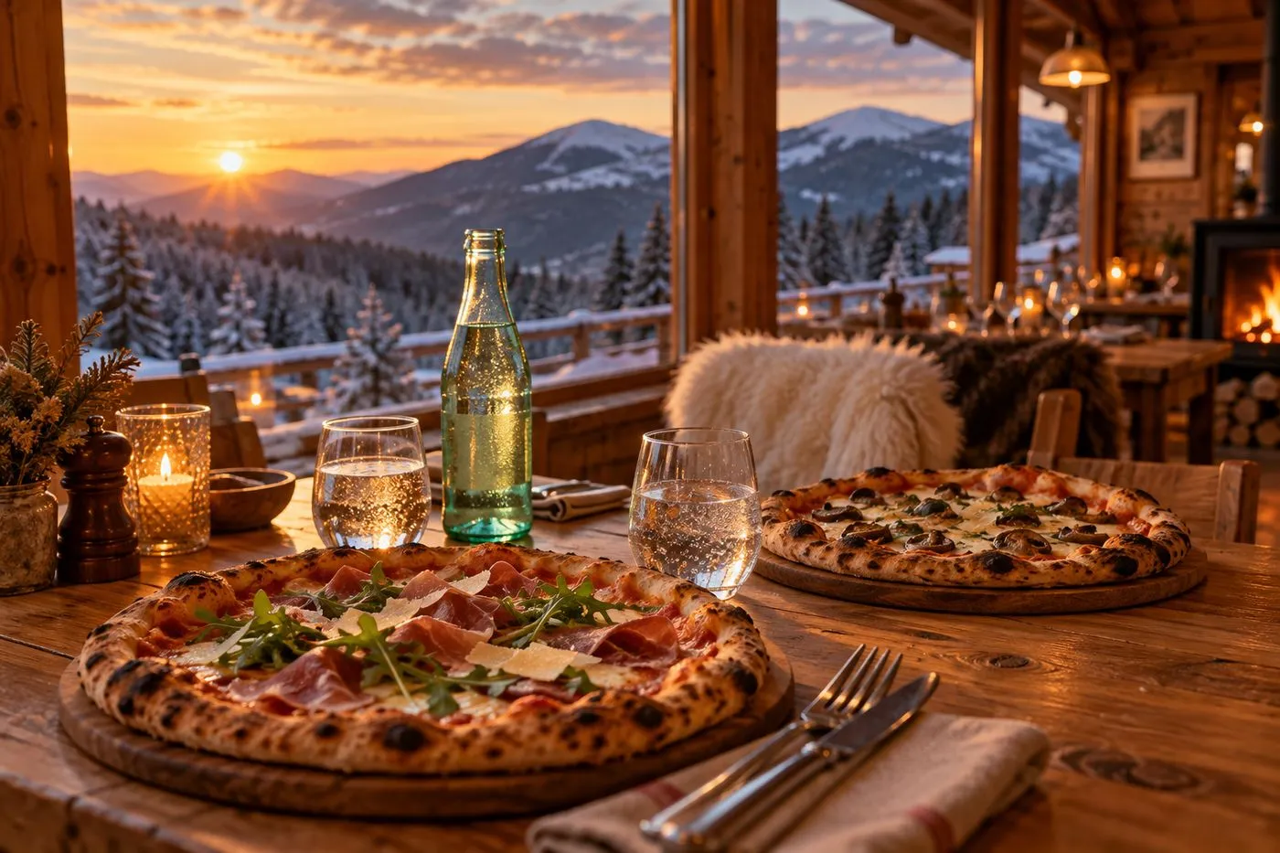 Pizzas servies sur une table en bois dans une pizzeria à Le Thillot dans les Vosges, ambiance chaleureuse de chalet de montagne