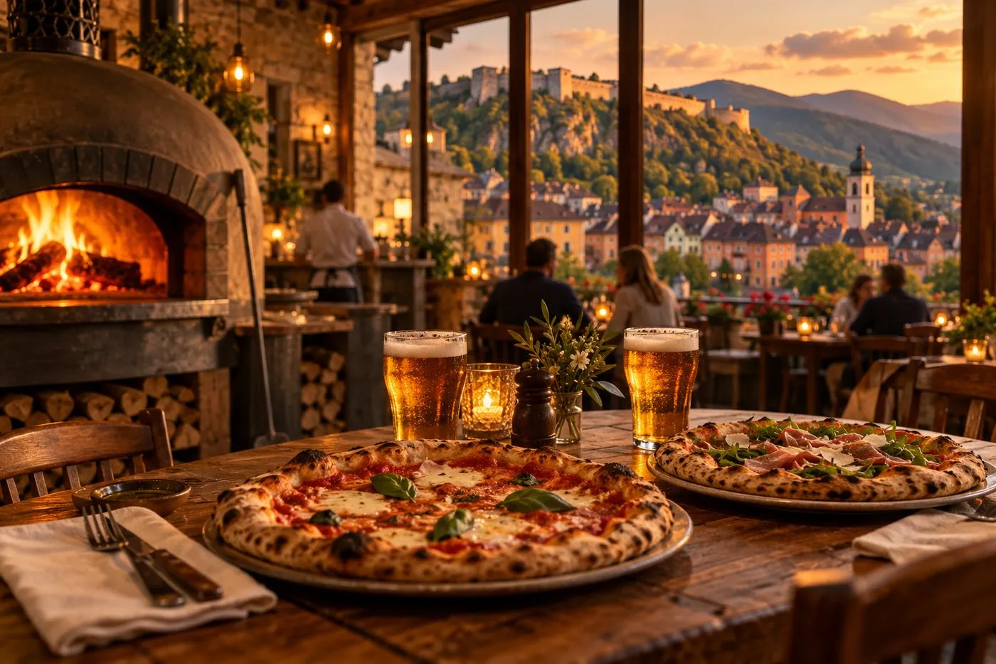 Pizzas servies sur une table en bois dans une pizzeria dans le Territoire de Belfort, ambiance chaleureuse au feu de bois au pied de la citadelle