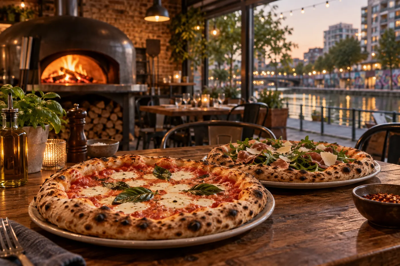 Pizzas napolitaines servies sur une table en bois dans une pizzeria en Seine-Saint-Denis, ambiance chaleureuse au four à bois