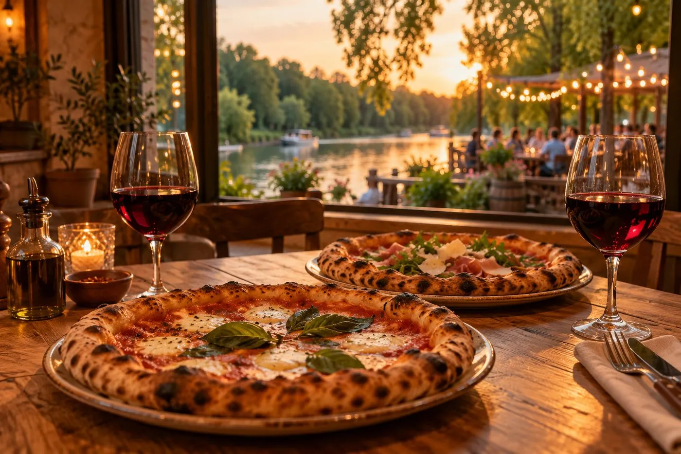 Pizzas servies sur une table en bois dans une pizzeria à Gentilly dans le Val-de-Marne, ambiance chaleureuse aux airs de guinguette